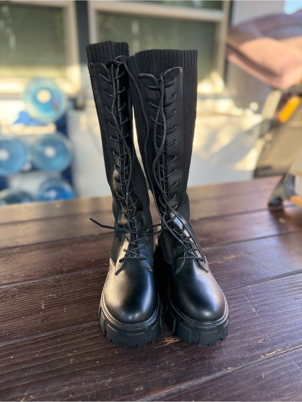 Call It Spring Black Knee High Combat Boots Women’s 5.5 Lace-Up Round Toe